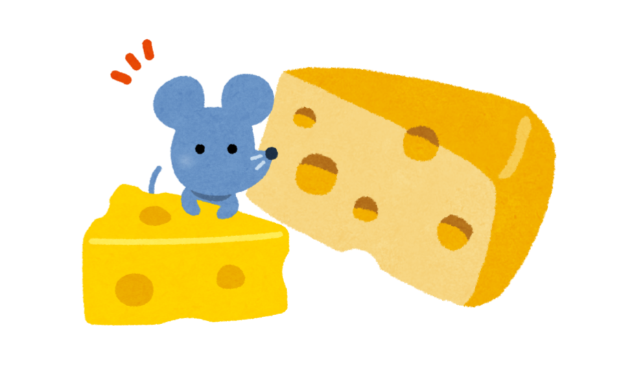 ふたつのチーズを前に汗をかくネズミの図